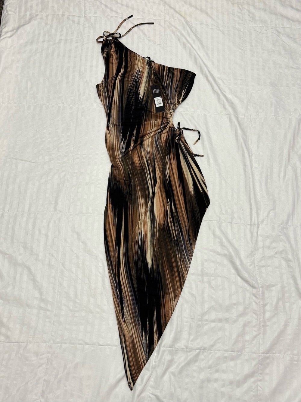 Fashion Nova Brown Black Swirl Mesh Asymmetrical Midi Dress Med NWT - Picture 3 of 6